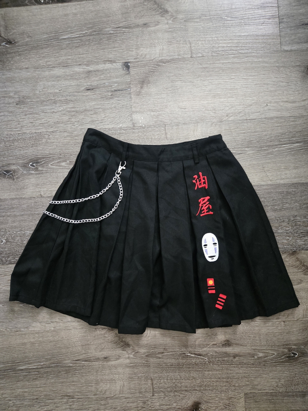 Black Pleated Skater Skirt with Silver Chain and Red Embroidery